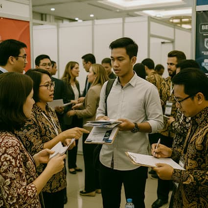 Visitors and exhibitors talking at an exhibition booth